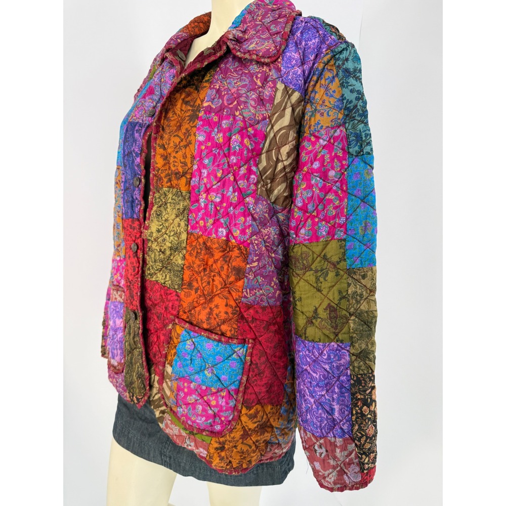 Y2K Coldwater Creek Quilted Silk Patchwork Jacket XL Boho Artsy Floral Velvet